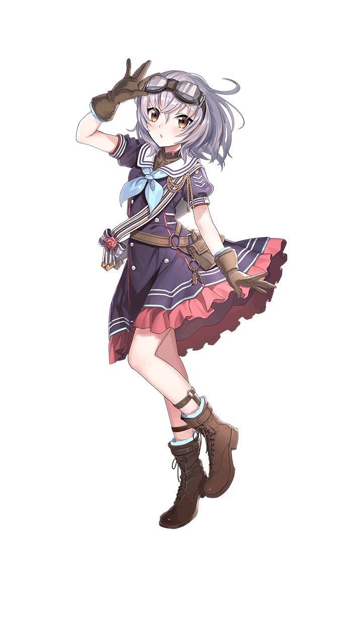 1girl, blue_neckwear, boots, brown_eyes, brown_footwear, brown_gloves, dress, formation_girls, francis_curly, full_body, gloves, goggles, goggles_on_head, highres, kazune_(baumkuchen), looking_at_viewer, neckerchief, official_art, purple_dress, sailor_dress, short_hair, short_sleeves, silver_hair, solo, transparent_background