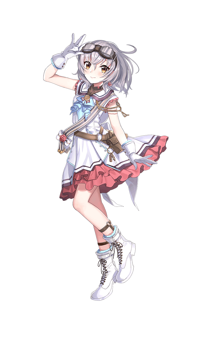 1girl, blue_neckwear, boots, brown_eyes, dress, formation_girls, francis_curly, full_body, gloves, goggles, goggles_on_head, highres, kazune_(baumkuchen), looking_at_viewer, official_art, sailor_dress, short_hair, silver_hair, sleeveless, sleeveless_dress, solo, transparent_background, white_dress, white_footwear, white_gloves