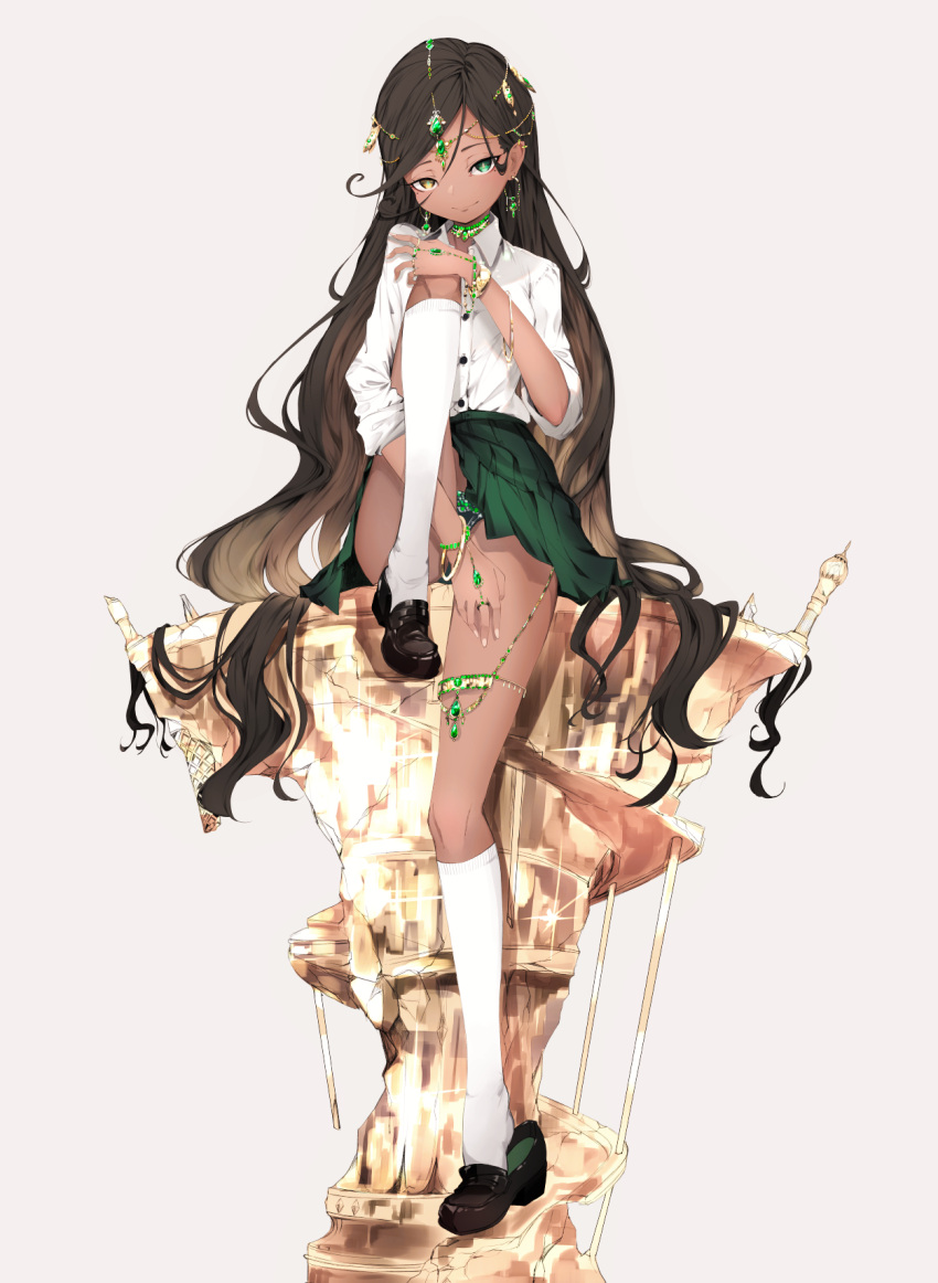 1girl, bad_proportions, black_footwear, black_hair, bracelet, dark_skin, earrings, full_body