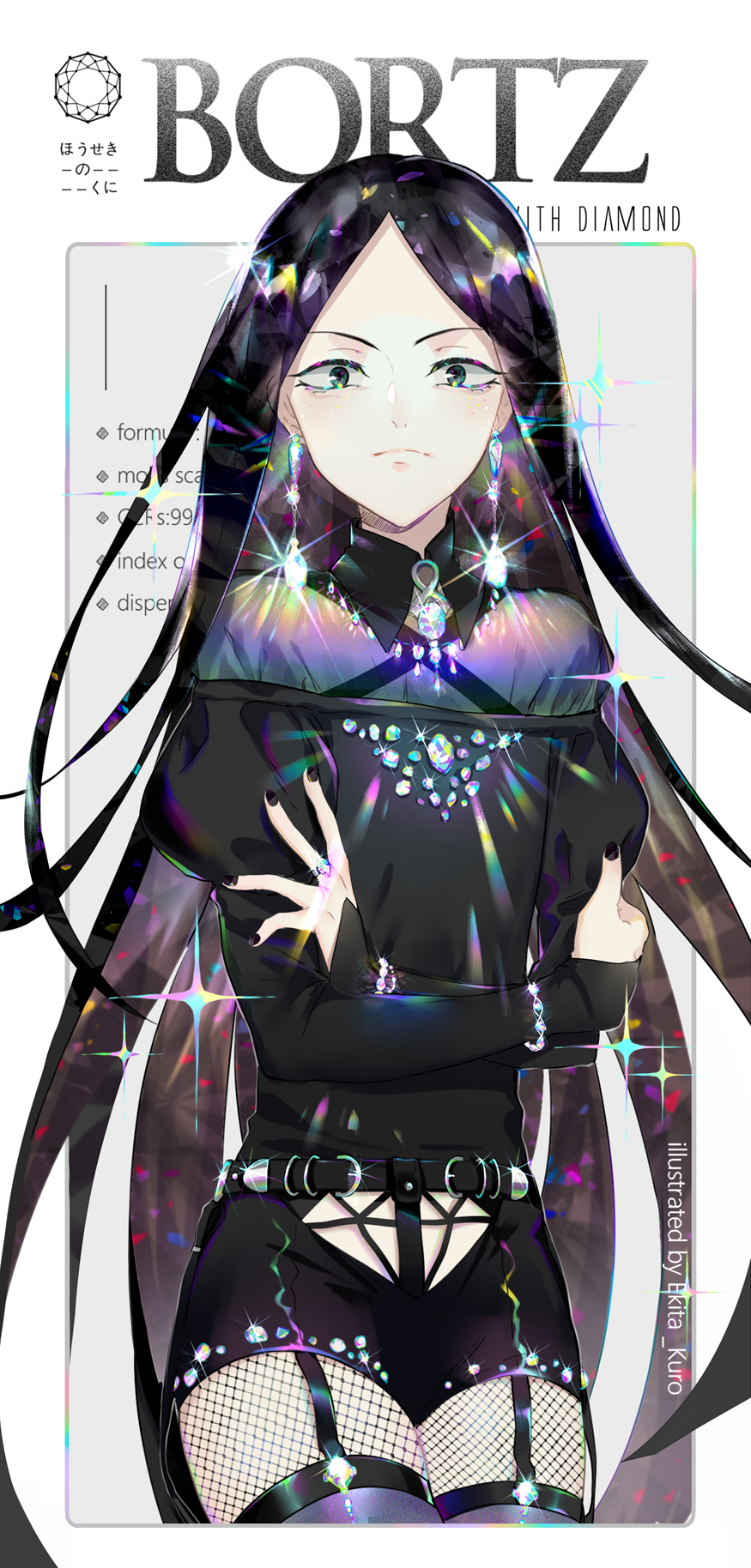 adapted_costume, androgynous, artist_name, black_eyes, black_hair, black_nails, black_shirt, black_shorts