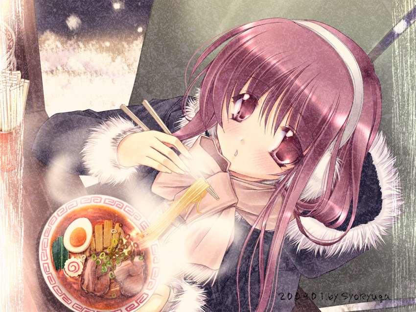 earmuffs, eating, egg, food, long_hair, noodles, purple_eyes, purple_hair