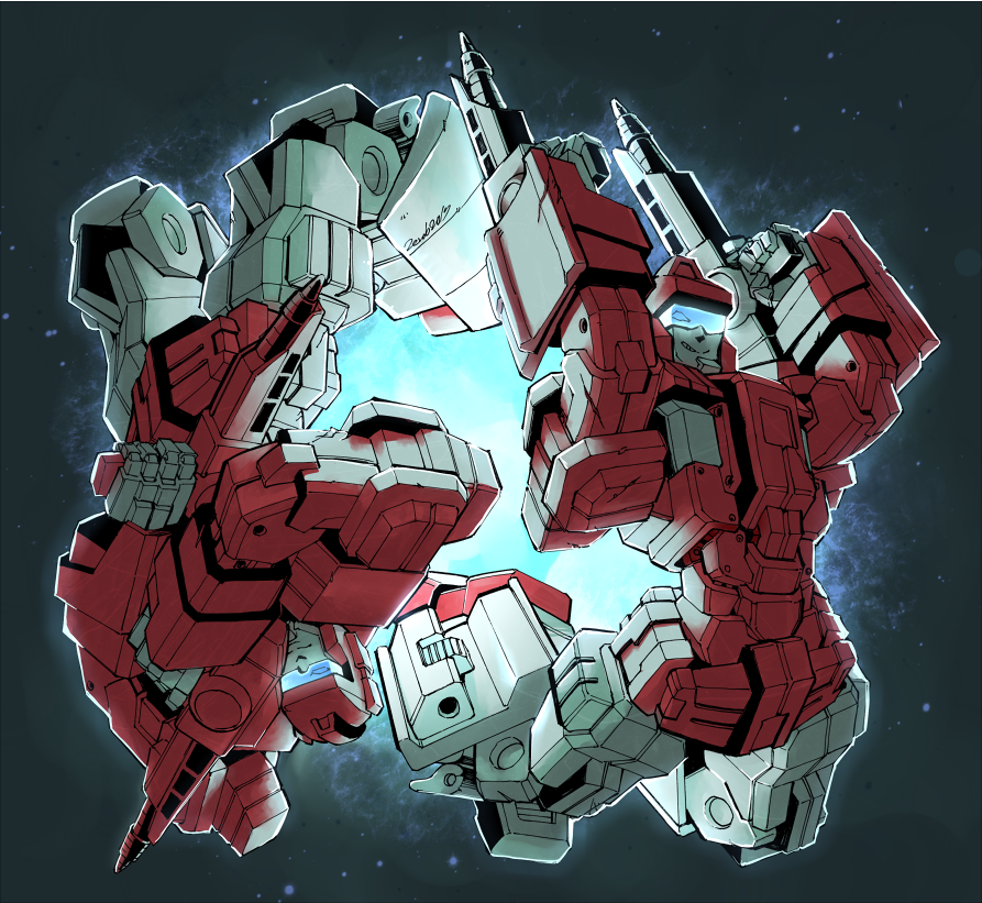2boys, 80s, autobot, background, blue_eyes, borezet, cloudraker, collaboration, fastlane, full_body, glowing, glowing_eyes, gun, holding, looking_at_viewer, multiple_boys, no_humans, oldschool, pose, smile, star, starry_background, transformers, ukonmaa, upside-down, weapon