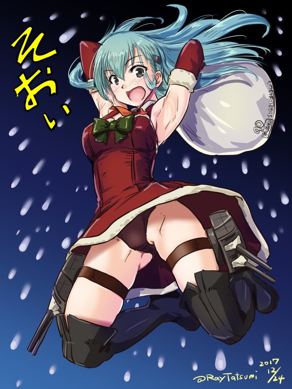 1girl, 2017, aqua_hair, arm_warmers, armpits, bare_shoulders, black_legwear, blush