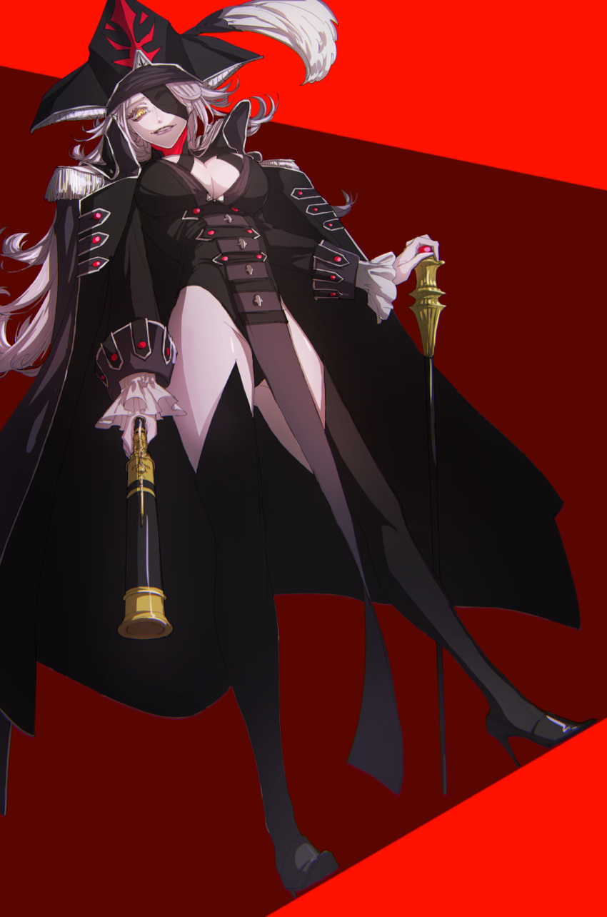 1girl, black_legwear, breasts, bridal_gauntlets, dahut_(fate/grand_order), eyepatch, fate/grand_order, fate_(series), hat, highres, hips, kuroda_matsurika, large_breasts, lavender_hair, long_hair, looking_at_viewer, makeup, pantyhose, rider_(fate/extra), smile, solo, thigh-highs, thighs, yellow_eyes
