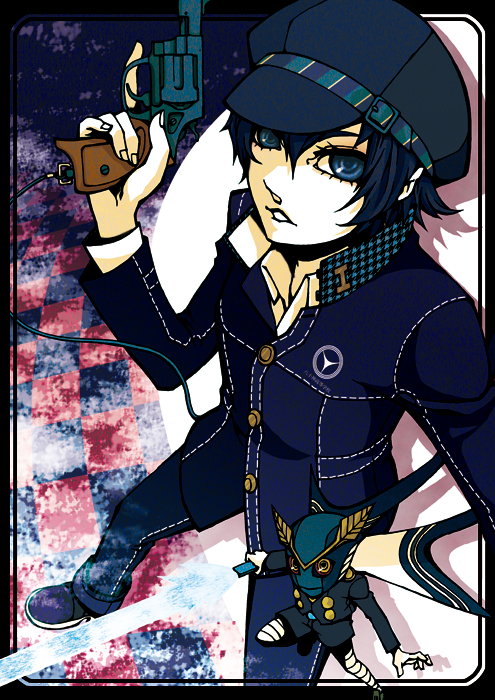androgynous, blue_eyes, blue_hair, cabbie_hat, gun, handgun, hat, makora_higa