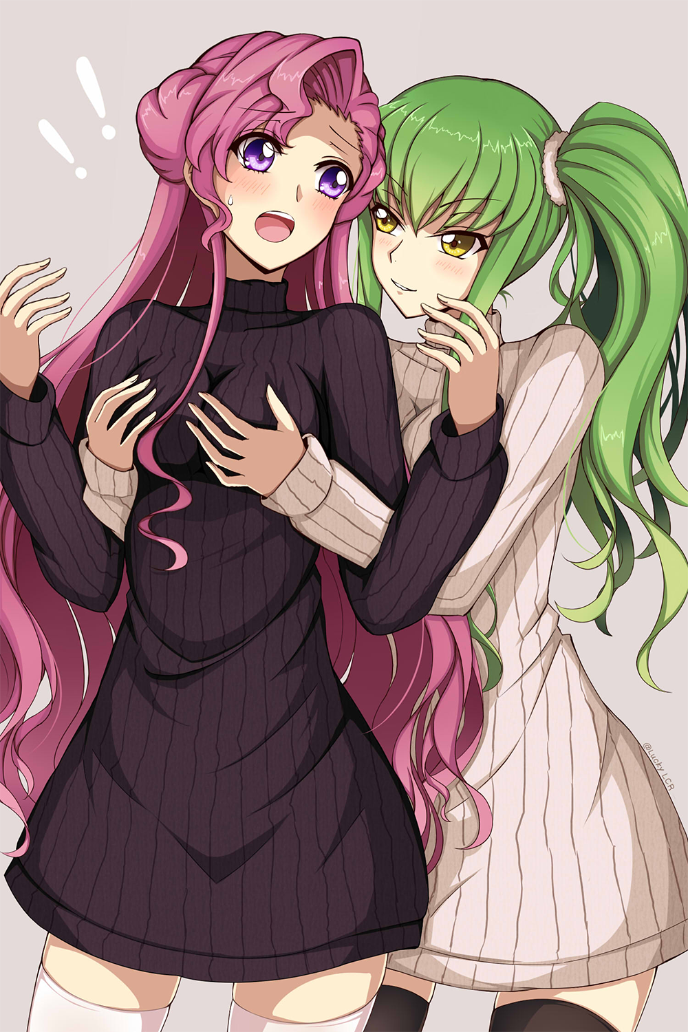 2girls, black_legwear, black_sweater, blush, breast_grab, breasts, c.c., code_geass