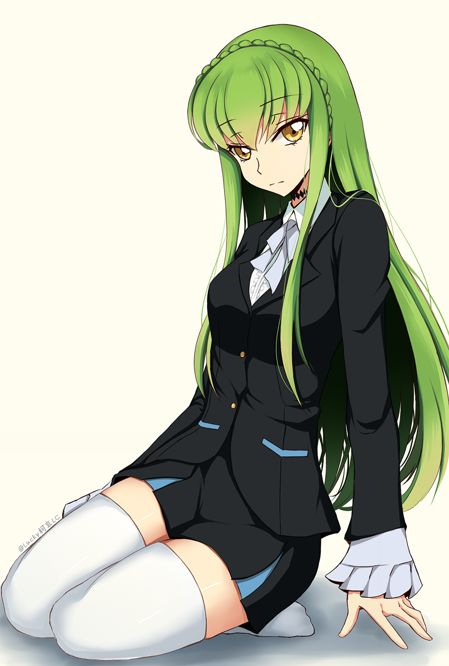 1girl, arm_support, black_jacket, black_skirt, c.c., choker, code_geass, cosplay, eyebrows_visible_through_hair, green_hair, grey_ribbon, hair_between_eyes, highres, jacket, long_hair, looking_at_viewer, lucky_keai, miniskirt, neck_ribbon, pleated_skirt, ribbon, shirt, signature, simple_background, sitting, skirt, solo, sonozaki_noriko, sonozaki_noriko_(cosplay), thigh-highs, uniform, very_long_hair, white_background, white_legwear, white_shirt, yellow_eyes, zettai_ryouiki