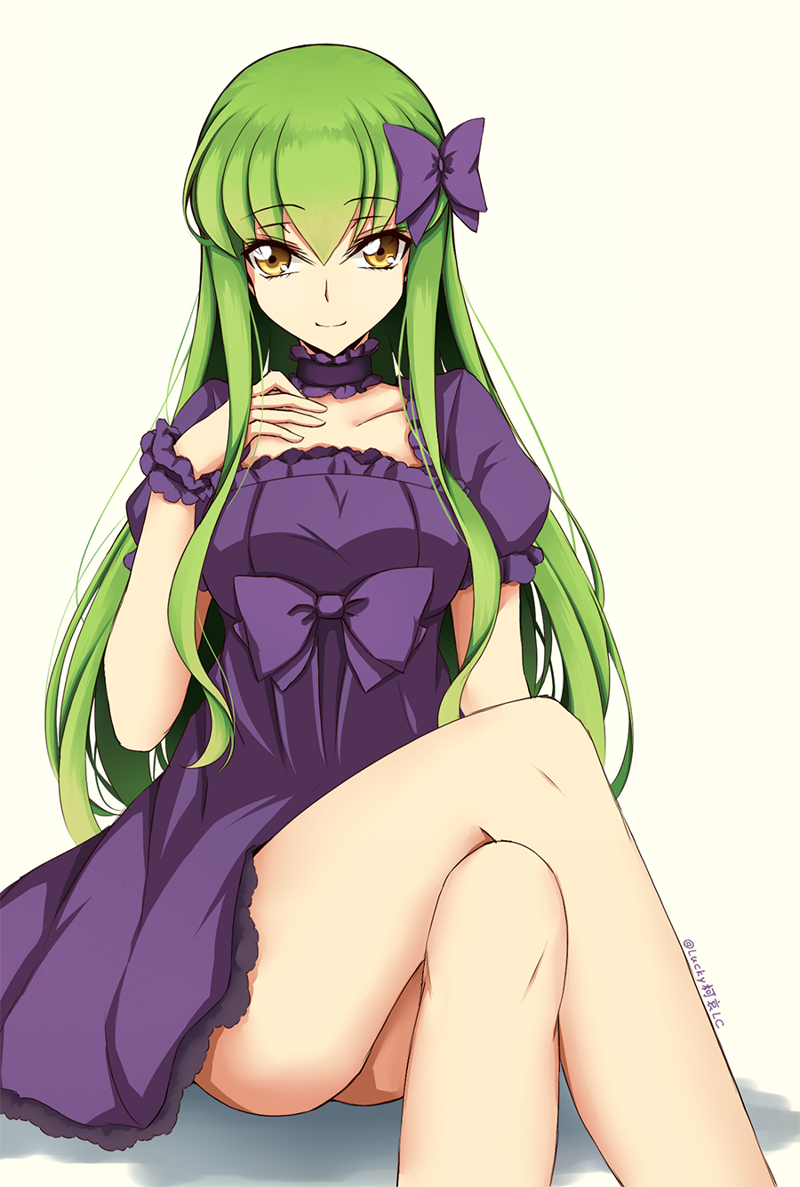 1girl, bow, c.c., choker, code_geass, collarbone, cosplay_request, dress