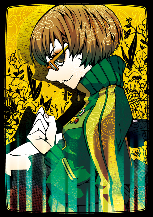 brown_hair, buttons, clenched_hand, fist, flower, frame, glasses, jacket