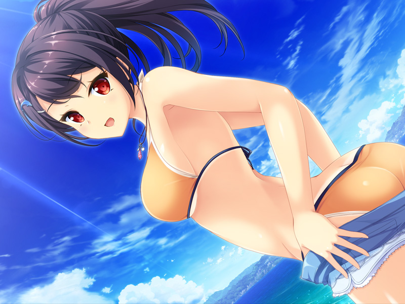 1girl, :d, ass, bikini, blonde_hair, blue_shorts, blue_sky, breasts