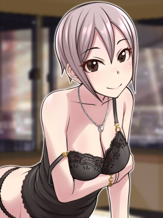 1girl, bangs, black_panties, bracelet, breast_hold, breasts, brown_eyes, camisole, cleavage, grey_hair, hair_between_eyes, idolmaster, idolmaster_cinderella_girls, jewelry, large_breasts, leaning_forward, light_blush, looking_at_viewer, necklace, o-ring_top, off_shoulder, oreteki18kin, panties, parted_bangs, shiomi_shuuko, short_hair, smile, solo, strap_slip, underwear
