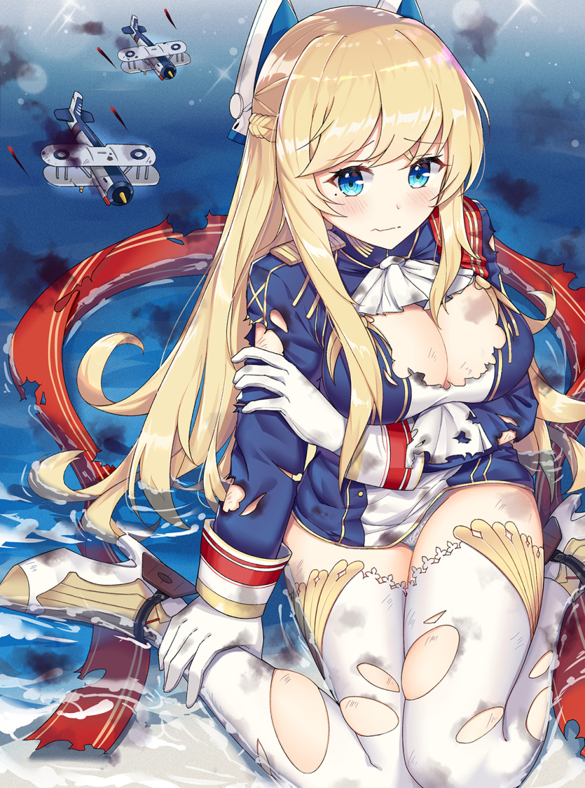 1girl, aircraft, airplane, aly_(wei983999767), ascot, azur_lane, bangs, beach, biplane, blonde_hair, blue_eyes, blue_jacket, blush, boots, braid, breasts, character_request, cleavage, closed_mouth, commentary_request, eyebrows_visible_through_hair, gloves, high_heel_boots, high_heels, highres, jacket, large_breasts, long_hair, long_sleeves, military_jacket, ocean, panties, sitting, smoke, solo, thigh-highs, torn_clothes, torn_jacket, torn_thighhighs, underwear, very_long_hair, wariza, water, wavy_mouth, white_footwear, white_gloves, white_legwear, white_neckwear, white_panties
