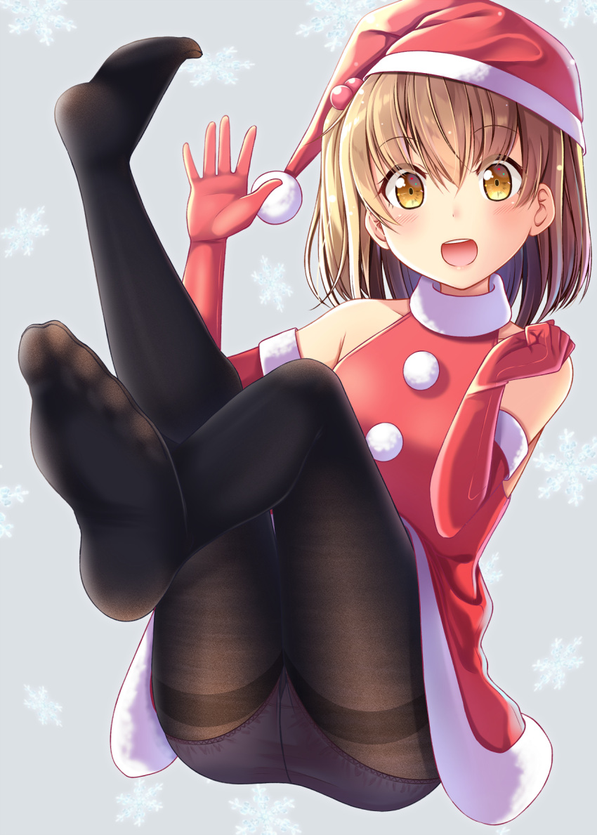 1girl, :d, ashida_machi, ass, bangs, black_legwear, brown_hair, christmas