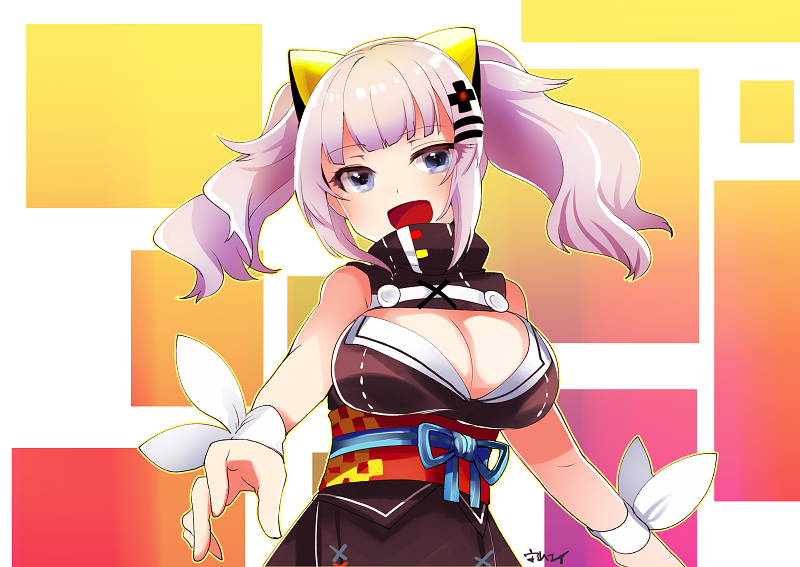 1girl, :d, bangs, bare_shoulders, black_dress, blue_eyes, blunt_bangs, breasts, cleavage, cleavage_cutout, dress, eyebrows, eyebrows_visible_through_hair, eyelashes, eyes_visible_through_hair, facing_away, floating_hair, hair_ornament, hairclip, kaguya_luna, kaguya_luna_(character), large_breasts, long_hair, looking_at_viewer, moriyama_ei, multicolored, multicolored_background, obi, open_mouth, outline, ribbon, sash, shiny, shiny_hair, sidelocks, silver_hair, sleeveless, sleeveless_dress, smile, solo, striped, striped_ribbon, tongue, turtleneck, twintails, upper_body, vertical_stripes, white_ribbon, wrist_ribbon, wristband, x_hair_ornament, yellow_outline