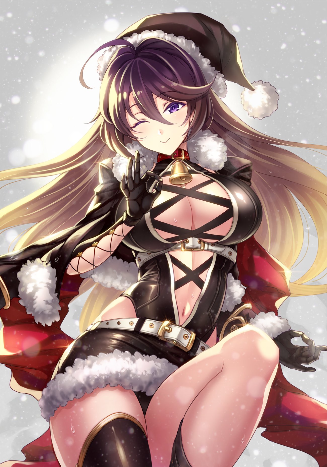 1girl, ;>, bell, belt, black_hat, black_legwear, black_leotard, black_skirt