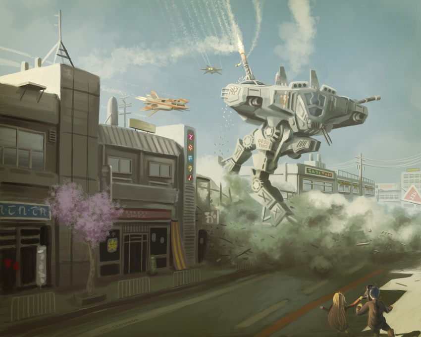 airplane, aisaka_taiga, blue_hair, city, crossover, gtd-carthage, long_hair, mecha, school_uniform, skirt, takasu_ryuuji, toradora!