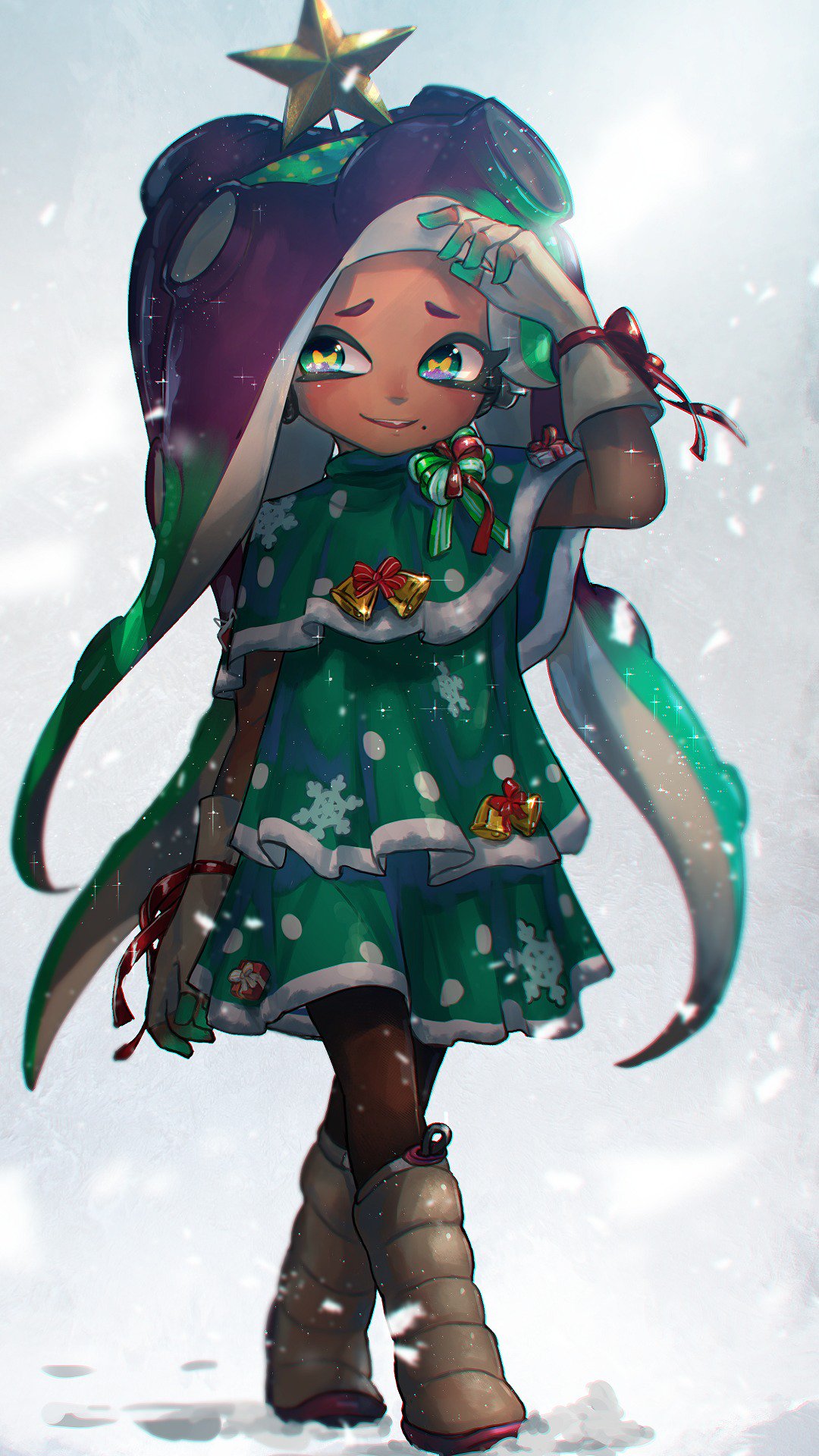 1girl, arm_up, bell, black_hair, blurry, boots, bow, capelet, cephalopod_eyes, christmas, christmas_tree_costume, commentary_request, dark_skin, depth_of_field, dress, fingerless_gloves, full_body, fur-trimmed_capelet, gloves, gradient_hair, green_capelet, green_dress, green_eyes, green_hair, green_hairband, hair_ornament, hairband, headphones, highres, iida_(splatoon), kashu_(hizake), knee_boots, legs_crossed, long_hair, looking_at_viewer, mole, mole_under_mouth, multicolored_hair, octarian, outdoors, parted_lips, polka_dot, polka_dot_hairband, print_dress, red_bow, red_ribbon, ribbon, smile, snow, snowflake_print, snowing, solo, sparkle, splatoon, splatoon_2, standing, star, star_hair_ornament, striped, striped_bow, suction_cups, tentacle_hair, very_long_hair, walking, watson_cross, white_background, white_footwear, white_gloves, yellow_pupils