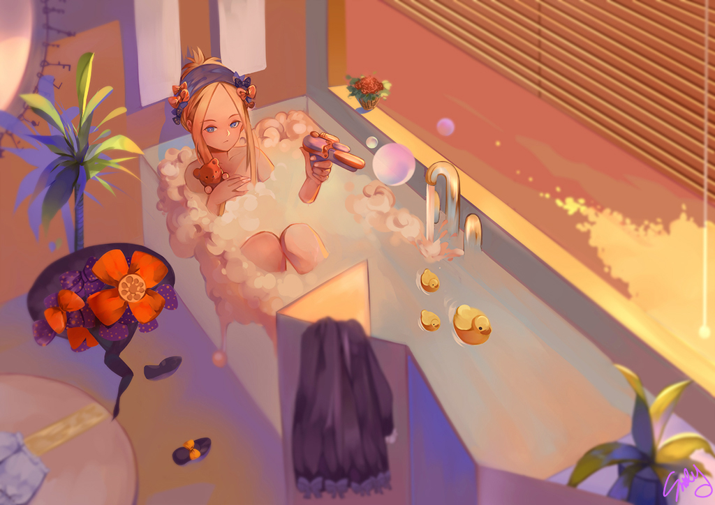 1girl, abigail_williams_(fate/grand_order), bangs, bath, bathtub, black_bow, black_dress, black_footwear, black_hat, blinds, blonde_hair, bloomers, bloomers_removed, blue_eyes, bow, butterfly, commentary_request, dress, dress_removed, fate/grand_order, fate_(series), forehead, hair_bow, hair_up, hat, hat_removed, headwear_removed, holding, indoors, key, long_hair, long_sleeves, looking_at_viewer, mary_janes, nude, object_hug, orange_bow, parted_bangs, partially_submerged, polka_dot, polka_dot_bow, shizi_suky, shoes, shoes_removed, sidelocks, sleeves_past_wrists, solo, stuffed_animal, stuffed_toy, teddy_bear, underwear, water, water_gun, white_bloomers, window, witch_hat