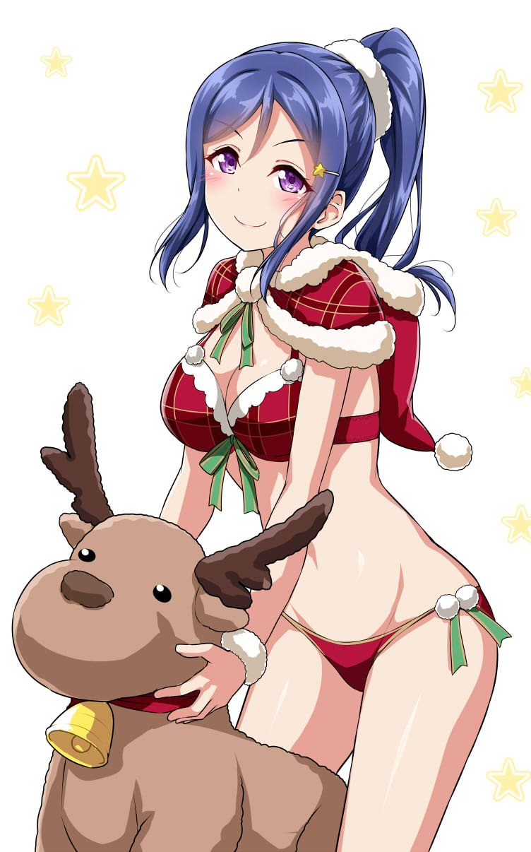 >:), 1girl, bell, bikini, blue_eyes, blush, capelet, christmas