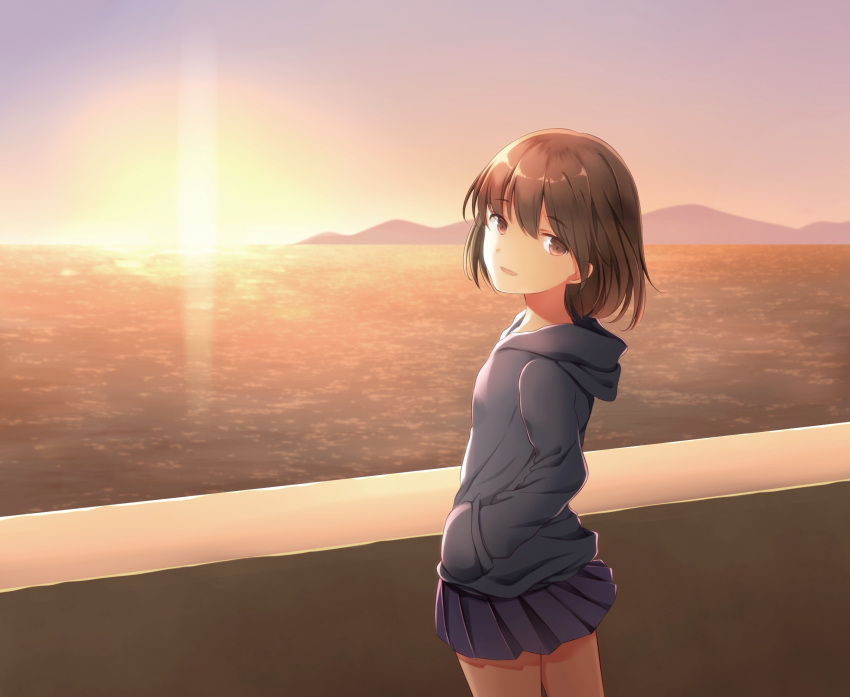 1girl, black_hoodie, blue_skirt, brown_eyes, brown_hair, cowboy_shot, eyebrows_visible_through_hair, flat_chest, hands_in_pockets, highres, hood, hood_down, hoodie, lens_flare, looking_at_viewer, looking_back, miniskirt, mountain, ocean, original, outdoors, parted_lips, pleated_skirt, purple_sky, short_hair, skirt, solo, sunset, utako_(kuromosuki)