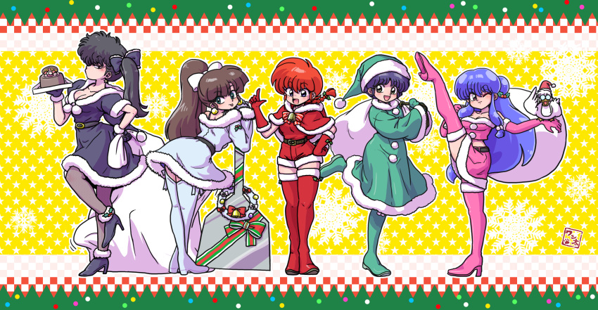 5girls, :d, :p, ;), bangs, bare_shoulders, belt, bird
