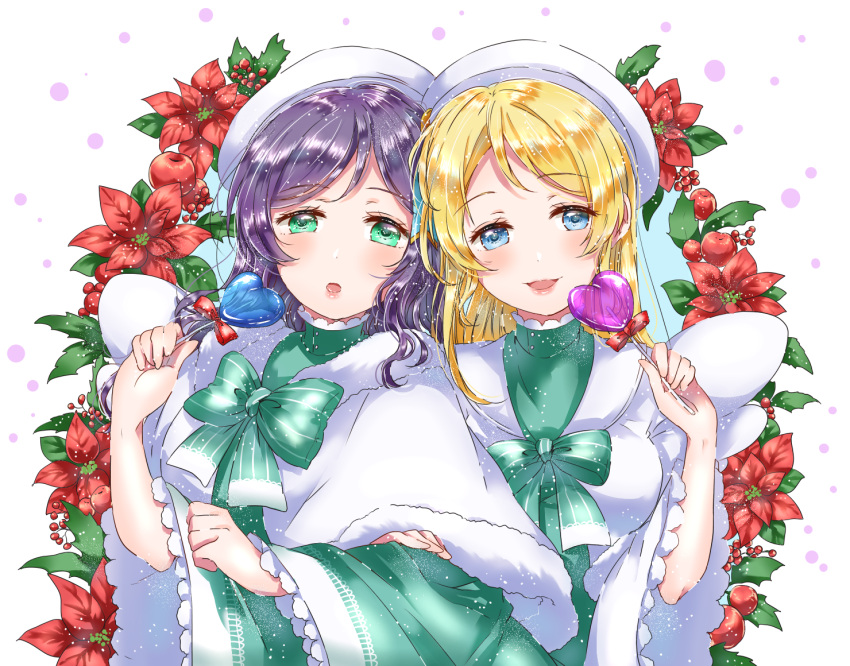 2girls, :d, :o, angel_wings, ayase_eli, beret, blonde_hair, blue_eyes