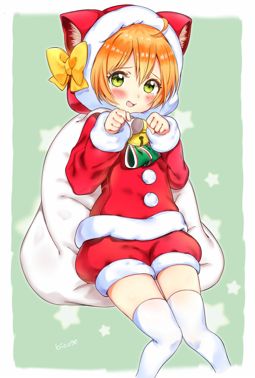 1girl, :d, ahoge, animal_hood, artist_name, bell, bico_(bicoris), blush