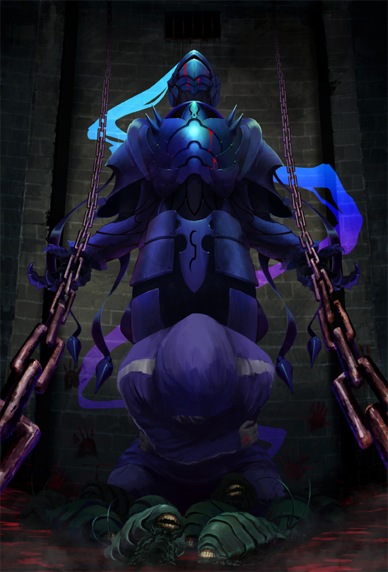 armor, berserker_(fate/zero), blood, chain, chains, crest_worm, fate/stay_night, fate/zero, fate_(series), full_armor, hoodie, knight, male, matou_kariya, multiple_boys, type-moon, ubu, worms