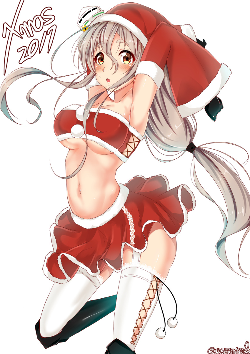 1girl, alternate_costume, armpits, arms_behind_head, arms_up, bangs, bare_shoulders, black_footwear