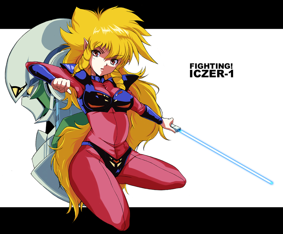 bodysuit, energy_sword, fight!_iczer-1, iczer-1, iczer_robo, kannagi_kaname, long_hair, red_eyes, shoulder_pads, sword, tatakae!!_iczer-1, very_long_hair, weapon