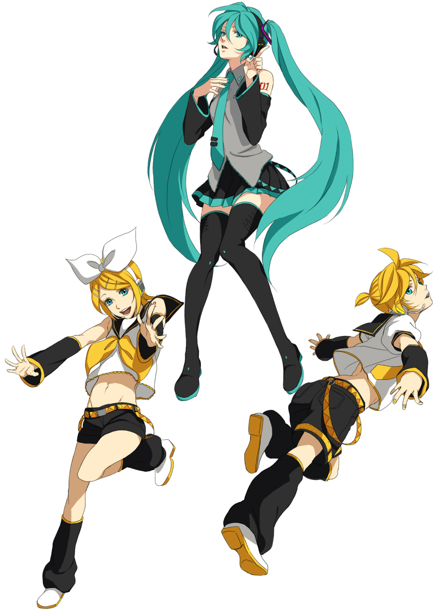 aqua_hair, belt, blonde_hair, boots, bow, detached_sleeves, hair_bow, hair_ornament