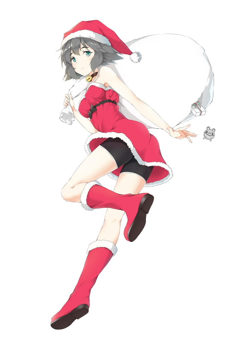 1girl, ass, bare_shoulders, bell, bell_collar, bike_shorts, black_hair, boots