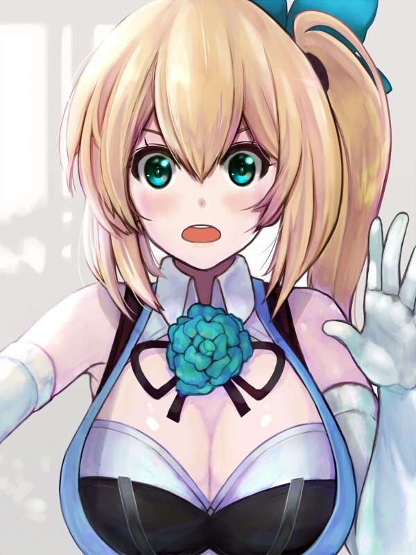 1girl, aqua_eyes, aqua_rose, bangs, bare_shoulders, black_ribbon, blonde_hair, blue_ribbon