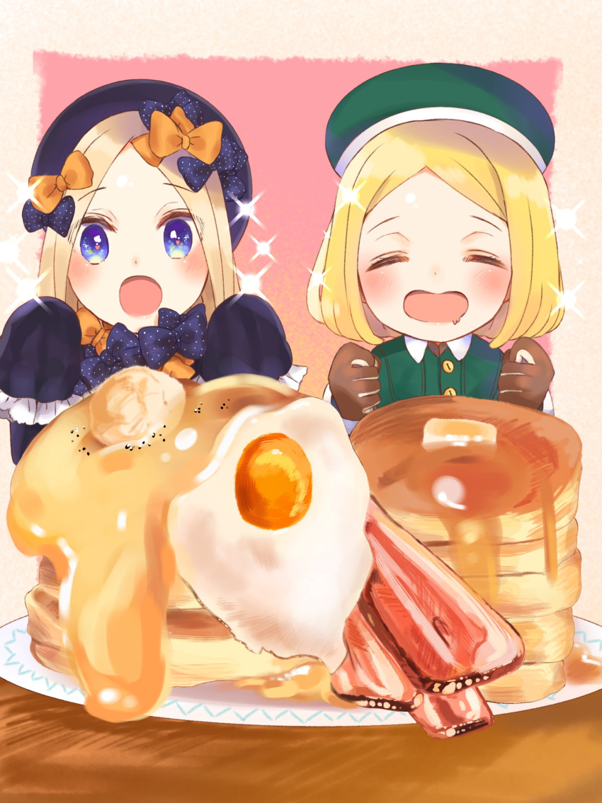 2girls, :d, abigail_williams_(fate/grand_order), bangs, beret, black_bow, black_dress, black_hat
