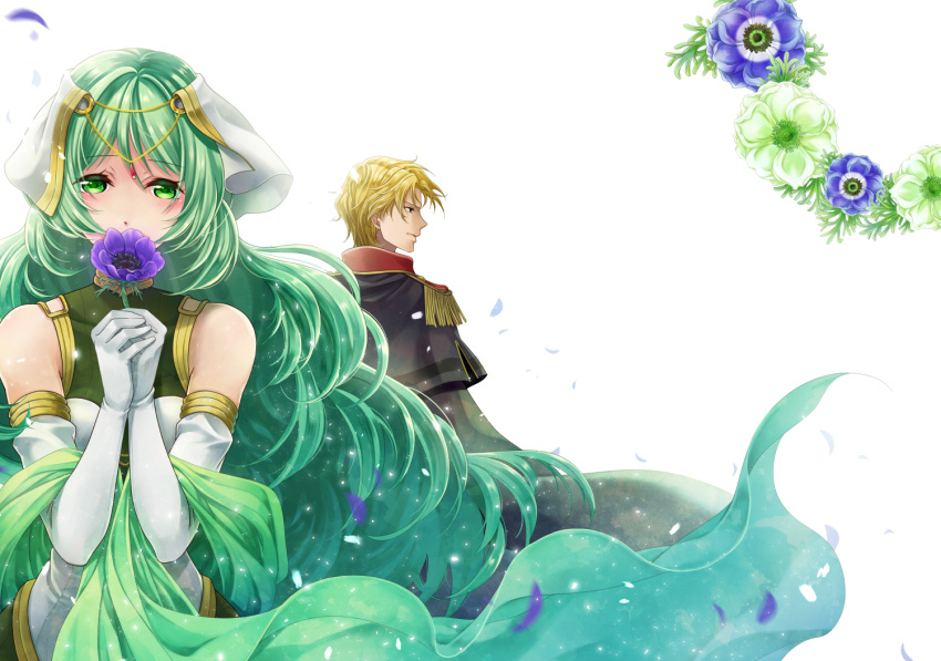 1boy, 1girl, bare_shoulders, blonde_hair, breasts, camus, covering_mouth, dress