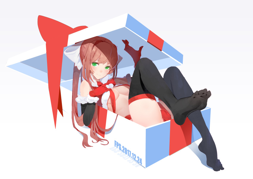 1girl, absurdres, arm_warmers, artist_name, black_legwear, blurry, blush, bow, box, breasts, brown_hair, christmas, cleavage, dated, depth_of_field, doki_doki_literature_club, foreshortening, fps, fur_trim, gift, gift_box, gloves, graphite_(medium), green_eyes, hair_bow, hand_on_own_chest, highres, in_box, in_container, long_hair, looking_at_viewer, medium_breasts, monika_(doki_doki_literature_club), pom_pom_(clothes), ponytail, red_gloves, ribbon, santa_costume, simple_background, smile, solo, thigh-highs, traditional_media, white_background