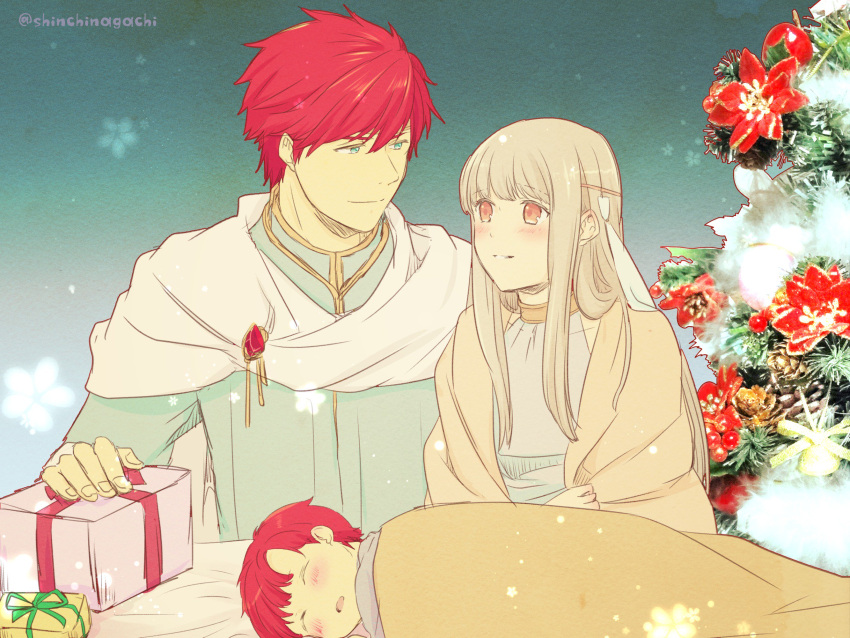 1girl, 2boys, blue_eyes, blue_hair, blush, christmas, closed_eyes, dress