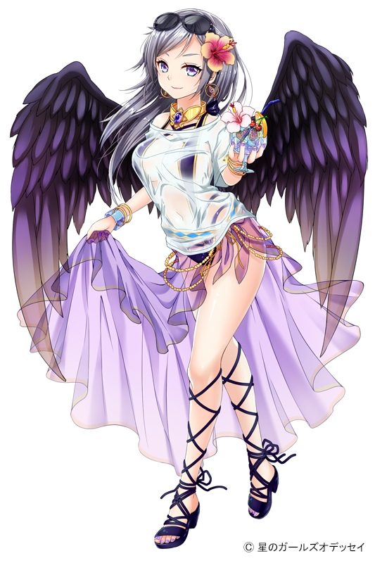 1girl, black_wings, bracelet, copyright_name, cup, drinking_glass, earrings, eyewear_on_head