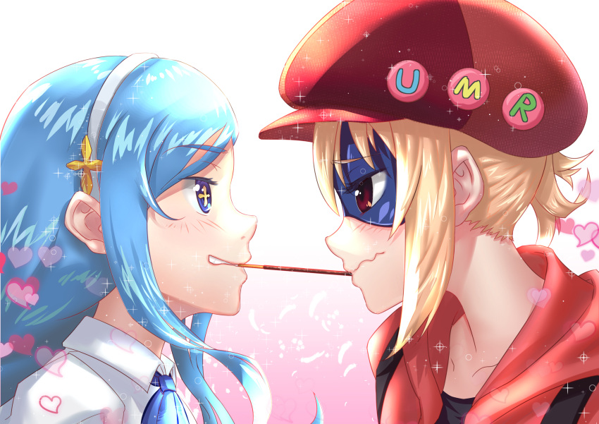 +_+, 2girls, absurdres, bangs, black_shirt, blonde_hair, blue_eyes, blue_hair, blue_ribbon, blush, brown_eyes, bubble, cabbie_hat, character_name, closed_mouth, collared_shirt, commentary_request, doma_umaru, domino_mask, eye_contact, food, grin, hair_between_eyes, hat, headband, heart, highres, himouto!_umaru-chan, hood, hoodie, ice_dacapo, long_hair, looking_at_another, mask, multiple_girls, neck_ribbon, pocky, pocky_kiss, red_hat, red_hoodie, ribbon, shared_food, shirt, short_hair, sidelocks, smile, sparkle, strap, symbol-shaped_pupils, tachibana_sylphynford, umr, white_shirt, wing_collar, yuri