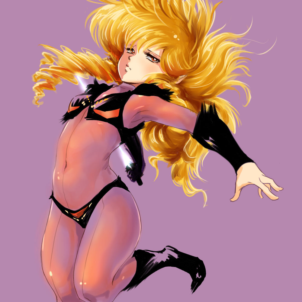 1girl, black_footwear, blonde_hair, bodysuit, boots, closed_mouth, covered_navel, expressionless, iczer-1, iczer_(series), kemi_(kemi433), knee_boots, long_hair, orange_eyes, pink_bodysuit, purple_background, simple_background, solo, tatakae!!_iczer-1