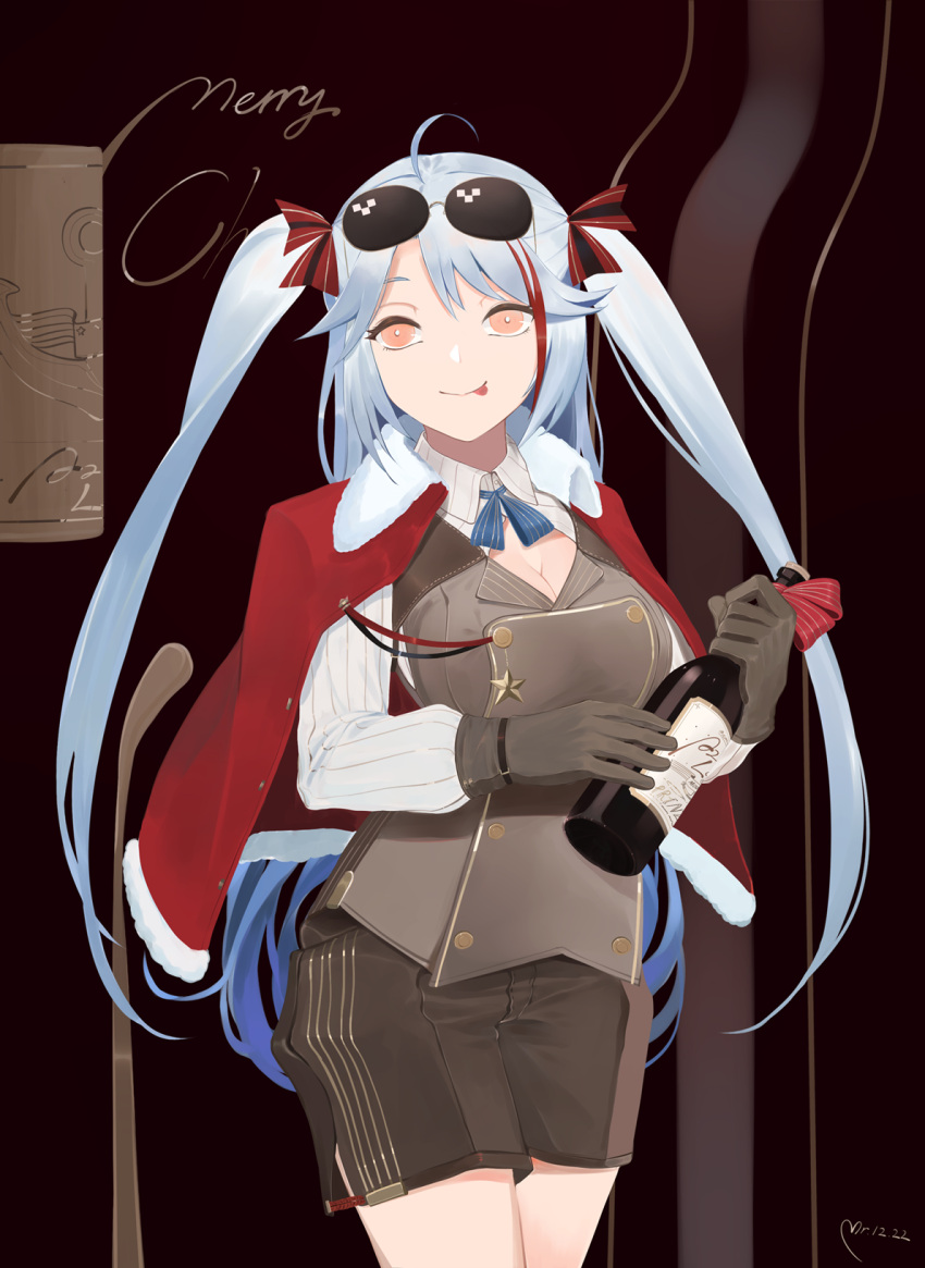 1girl, :p, ahoge, azur_lane, black_gloves, black_shorts, bottle, breasts