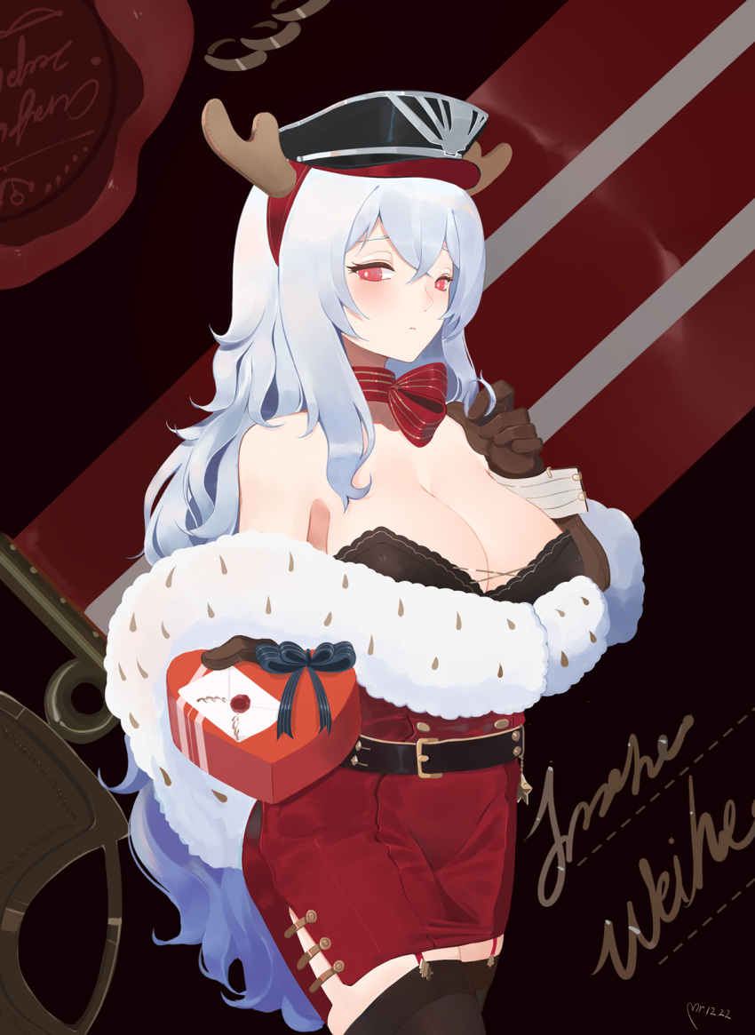 1girl, antlers, azur_lane, bare_shoulders, belt, black_bra, black_gloves, black_legwear