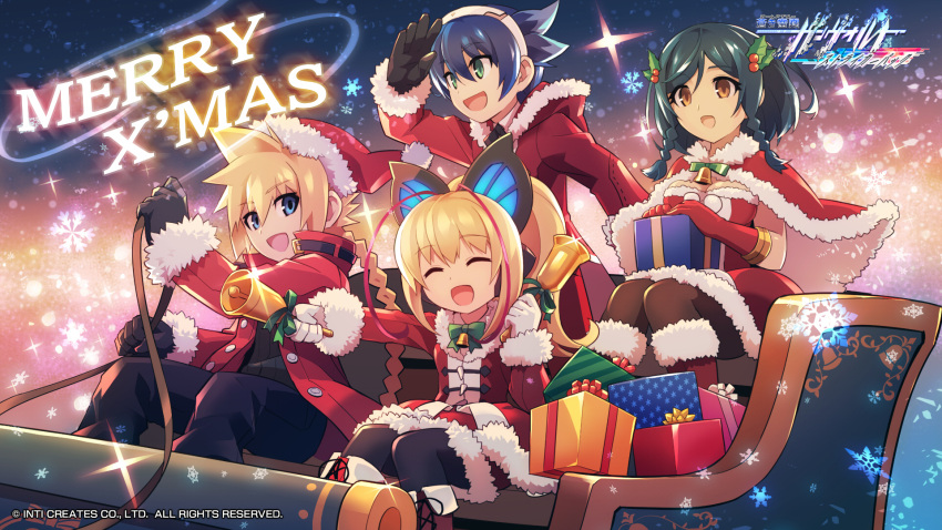 2boys, 2girls, azure_striker_gunvolt, azure_striker_gunvolt_2, bell, blonde_hair, blue_hair, braid