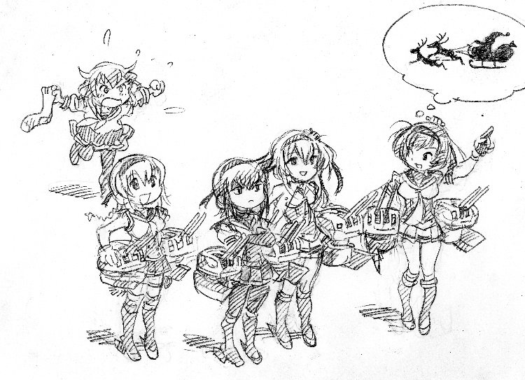 >:o, 5girls, :c, :d, akizuki_(kantai_collection), asari_yoshitoo, cannon, chou-10cm-hou-chan