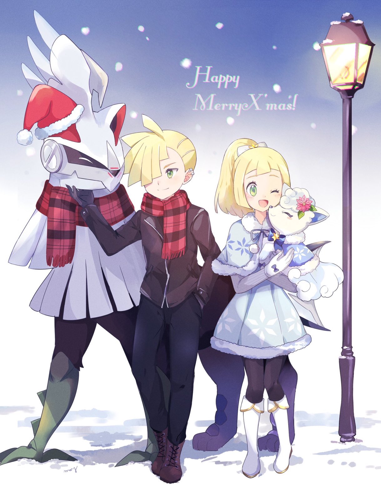 1boy, 1girl, alola_form, alolan_vulpix, alternate_costume, black_gloves, black_jacket, black_pants