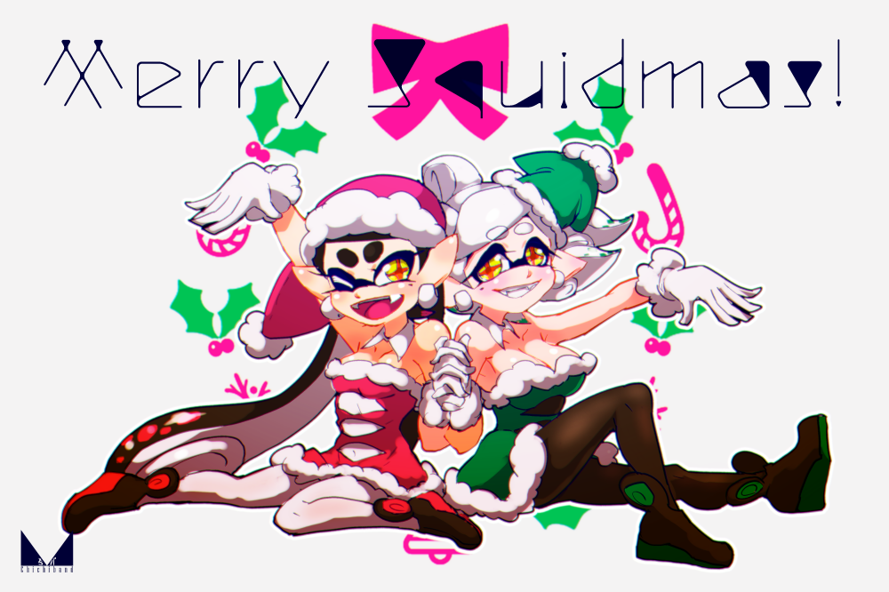 +_+, 2girls, ;d, ankle_boots, aori_(splatoon), black_footwear, black_hair, black_legwear
