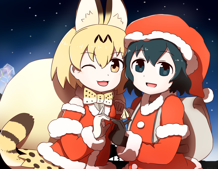 2girls, animal_ears, bag, black_eyes, black_hair, christmas, hat, highres, hissaa_(hisser), kaban_(kemono_friends), kemono_friends, multiple_girls, santa_costume, santa_hat, serval_(kemono_friends), serval_ears, serval_print, serval_tail, short_hair, tail, wavy_hair