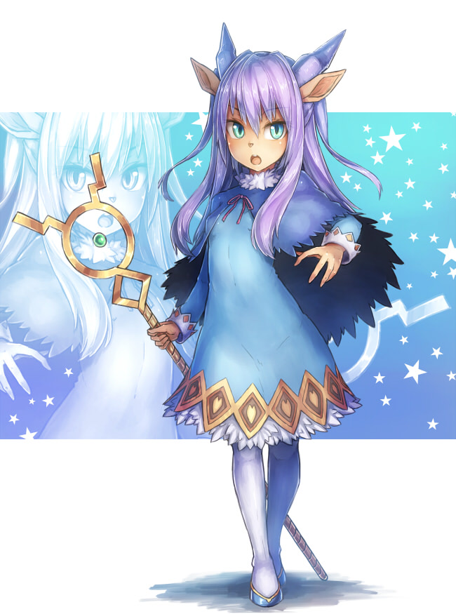 1girl, :o, animal_ears, animal_nose, aqua_eyes, bangs, blue_capelet, blue_dress, blue_footwear, breasts, capelet, commentary_request, covered_navel, dress, eyebrows_visible_through_hair, full_body, fur_collar, gazelle_ears, gradient, gradient_background, hair_between_eyes, hand_up, holding, holding_staff, horns, legs_crossed, long_hair, long_sleeves, looking_at_viewer, open_mouth, original, pantyhose, pink_ribbon, purple_hair, ribbon, ros, shadow, shiny, shiny_hair, sidelocks, small_breasts, solo, staff, standing, star, starry_background, tsurime, two_side_up, white_background, white_legwear, zoom_layer