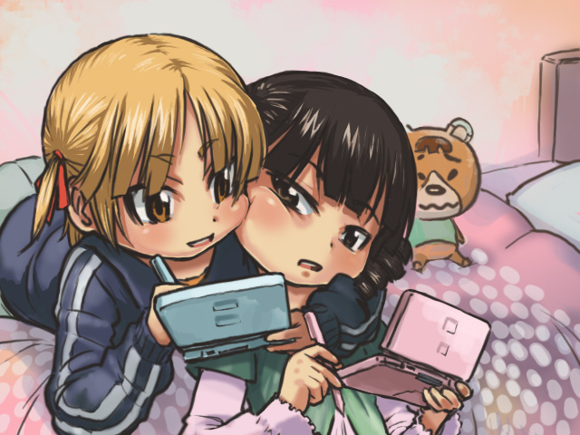 bed, brown_eyes, brown_hair, drill_hair, girls_playing_games, hair_ribbon, jacket, marui_mitsuba