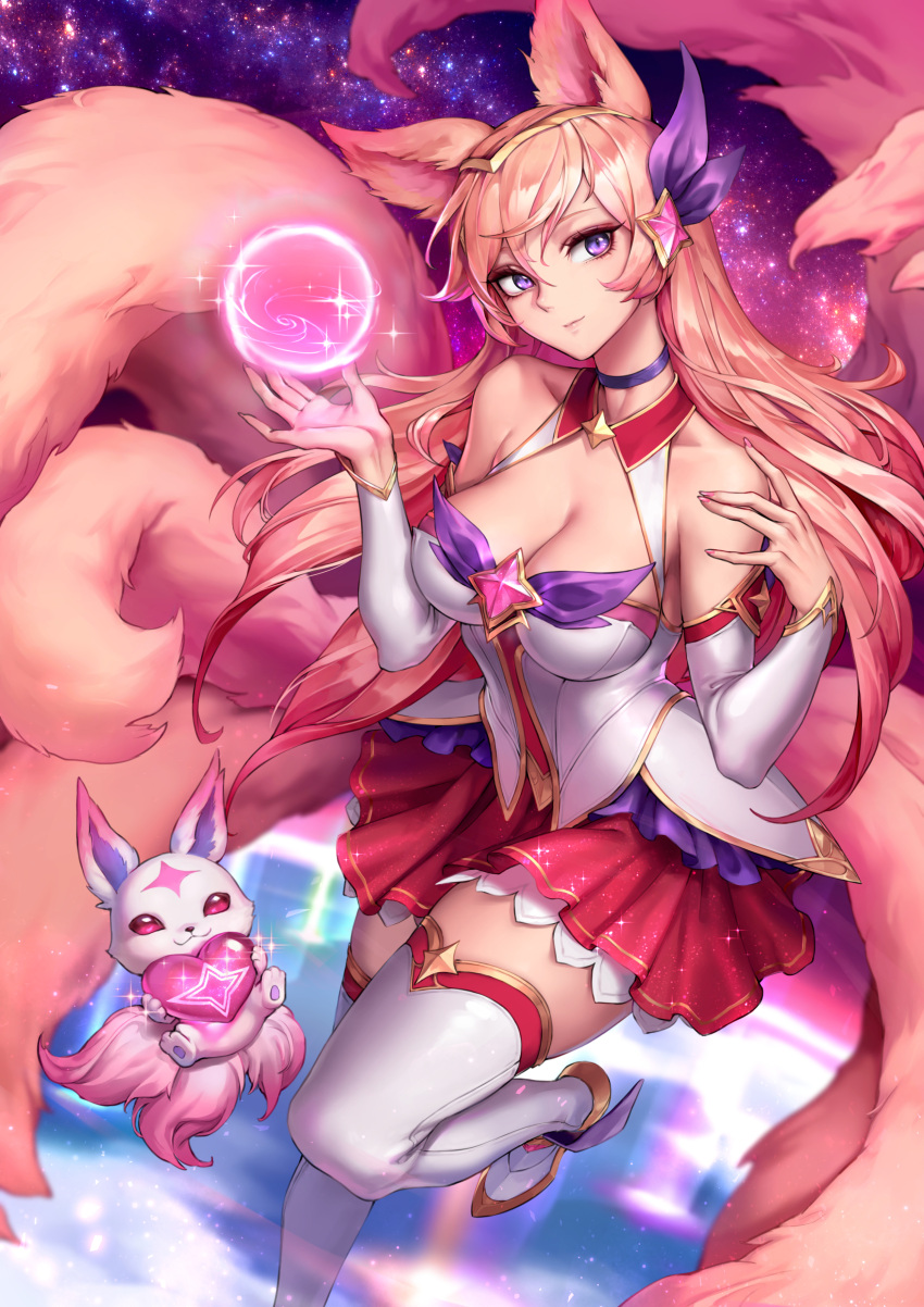 1girl, absurdres, ahri, alternate_costume, alternate_hair_color, animal_ears, bare_shoulders, boots, breasts, choker, cleavage, cleavage_cutout, closed_mouth, detached_sleeves, familiar, fox_ears, fox_tail, highres, large_breasts, league_of_legends, light_smile, long_hair, magical_girl, multiple_tails, nail_polish, oopartz_yang, orb, paid_reward, patreon_reward, pink_hair, skirt, solo, star_guardian_ahri, tail, thigh-highs, thigh_boots, tiara, violet_eyes, white_legwear, zettai_ryouiki